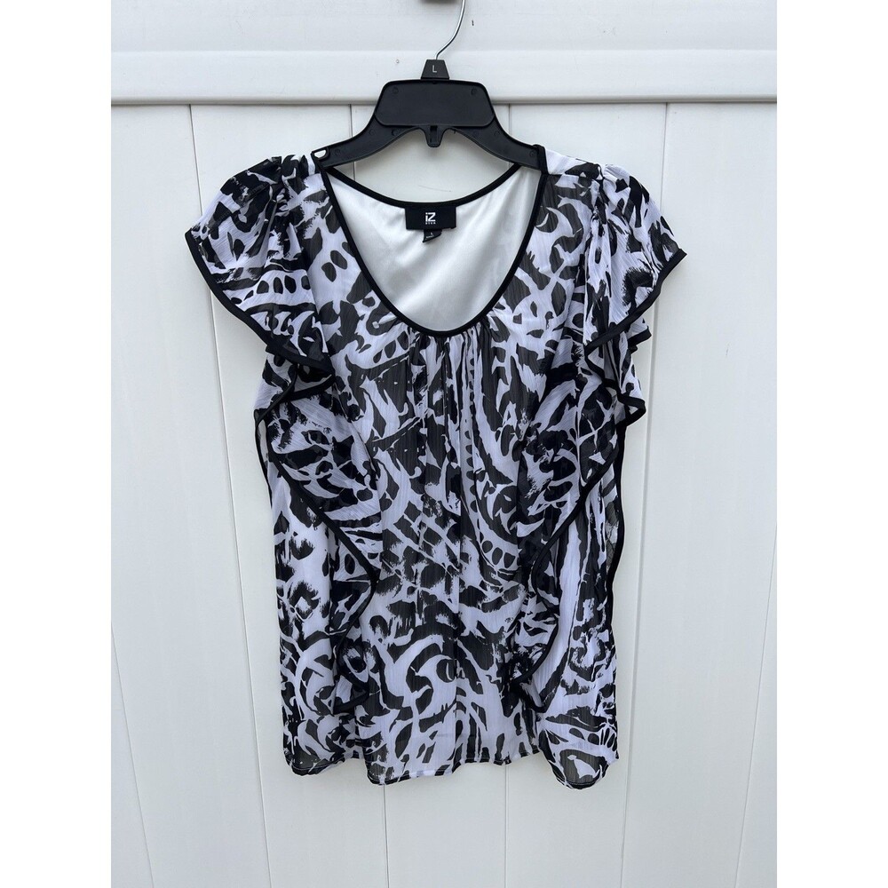 IZ BYER Womens Blouse size Large Black White Short Sleeve Lined Abstract Stretch